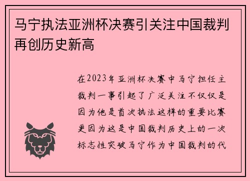 马宁执法亚洲杯决赛引关注中国裁判再创历史新高